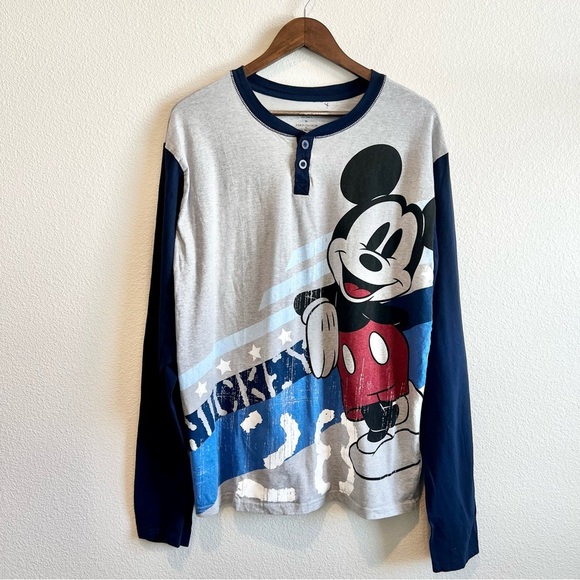 Disney Tops - Disney Store Mickey Mouse Long Sleeve Henley Shirt XL Blue Gray Graphic Tee
